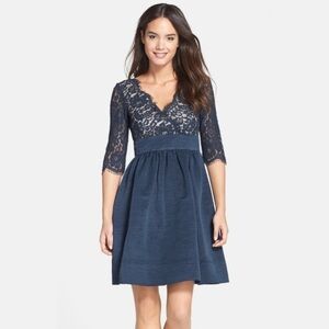 Eliza J Blue Lace & Faille Empire Waist Dress Size 6 black tan formal‎ party